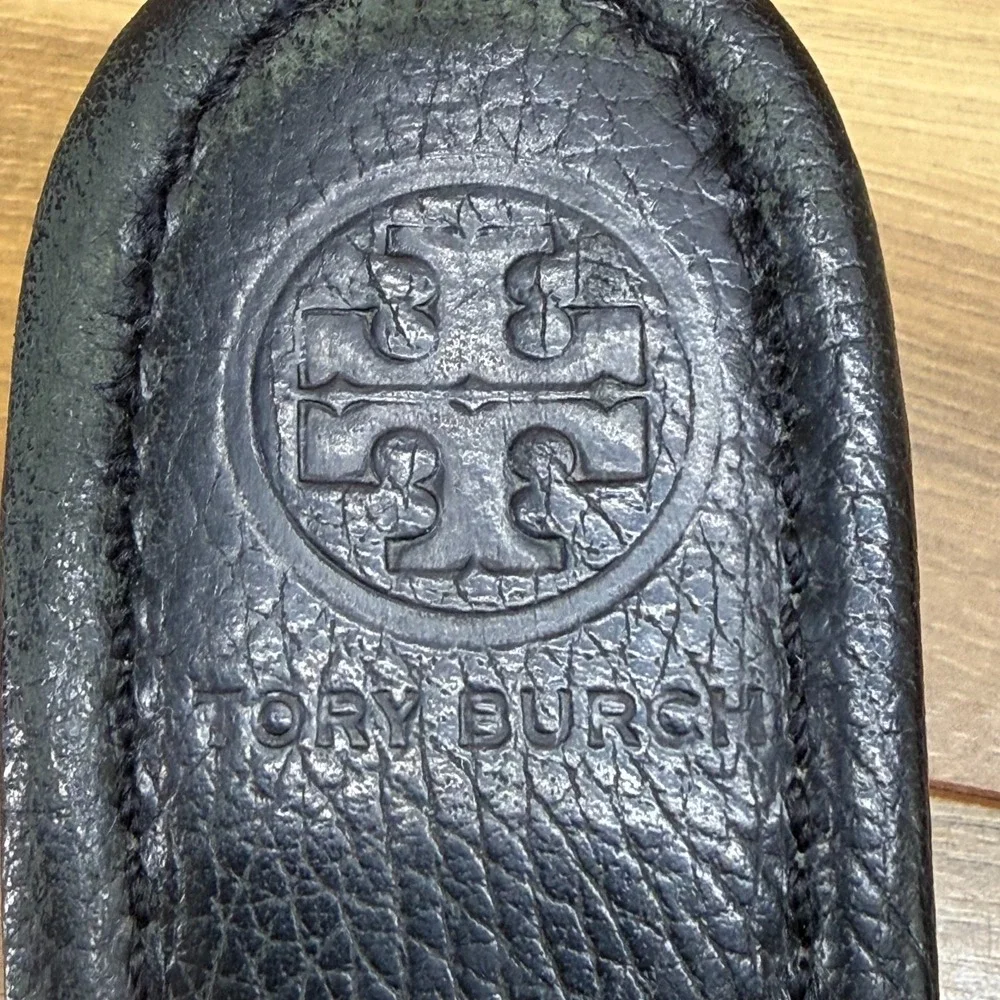 Tory Burch Patti Wedge Sandals 7 M Black Tumbled Leather Gold Miller Logo Resort